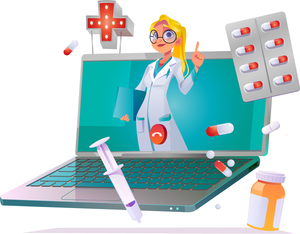 Eine Illustration einer Doktorin, die aus einem Laptop heraus sticht.