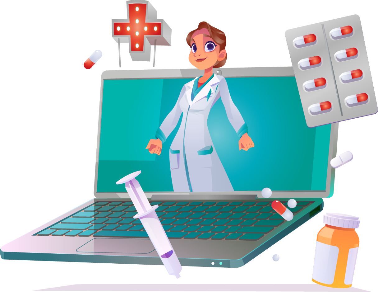 Eine Illustration einer braunhaarigen Arzthelferin, die aus einem Laptop heraus sticht.