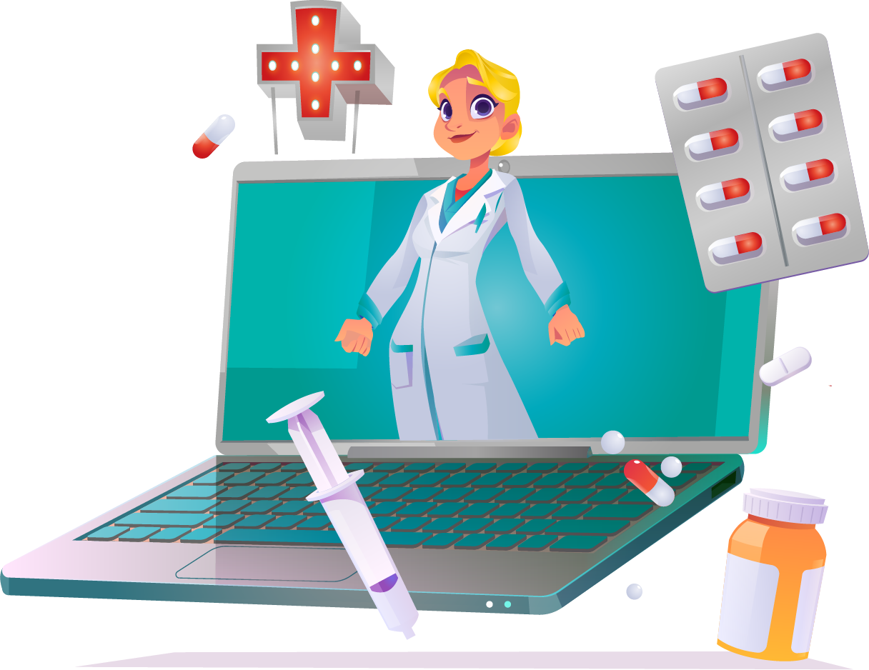 Eine Illustration einer blonden Arzthelferin, die aus einem Laptop heraus sticht.